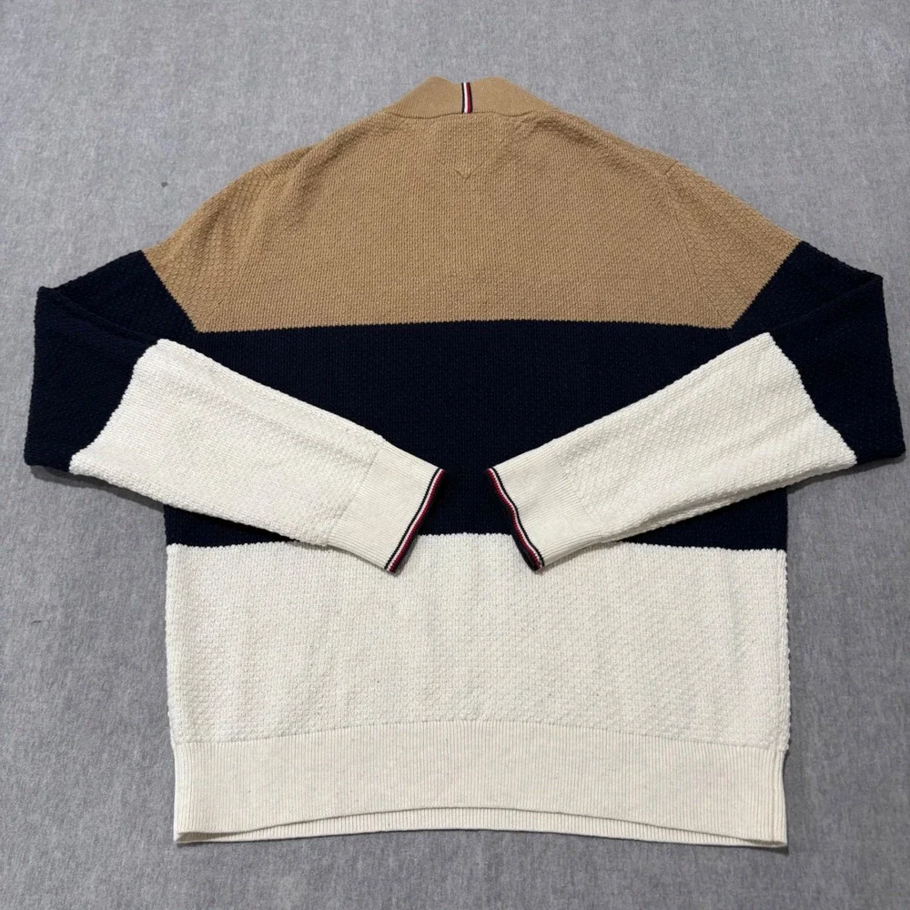 Tommy Hilfiger Mens Large Quarter Zip Cotton Colorblock Sweater Tan Navy Cream